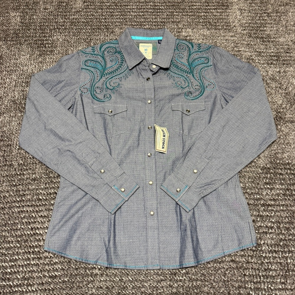 Panhandle Rough Stock Women Western Shirt M Blue Gray Teal Embroidered Pearl NWT